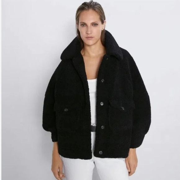 Zara Black Shearling Teddy Fleece Jacket - Picture 2 of 6